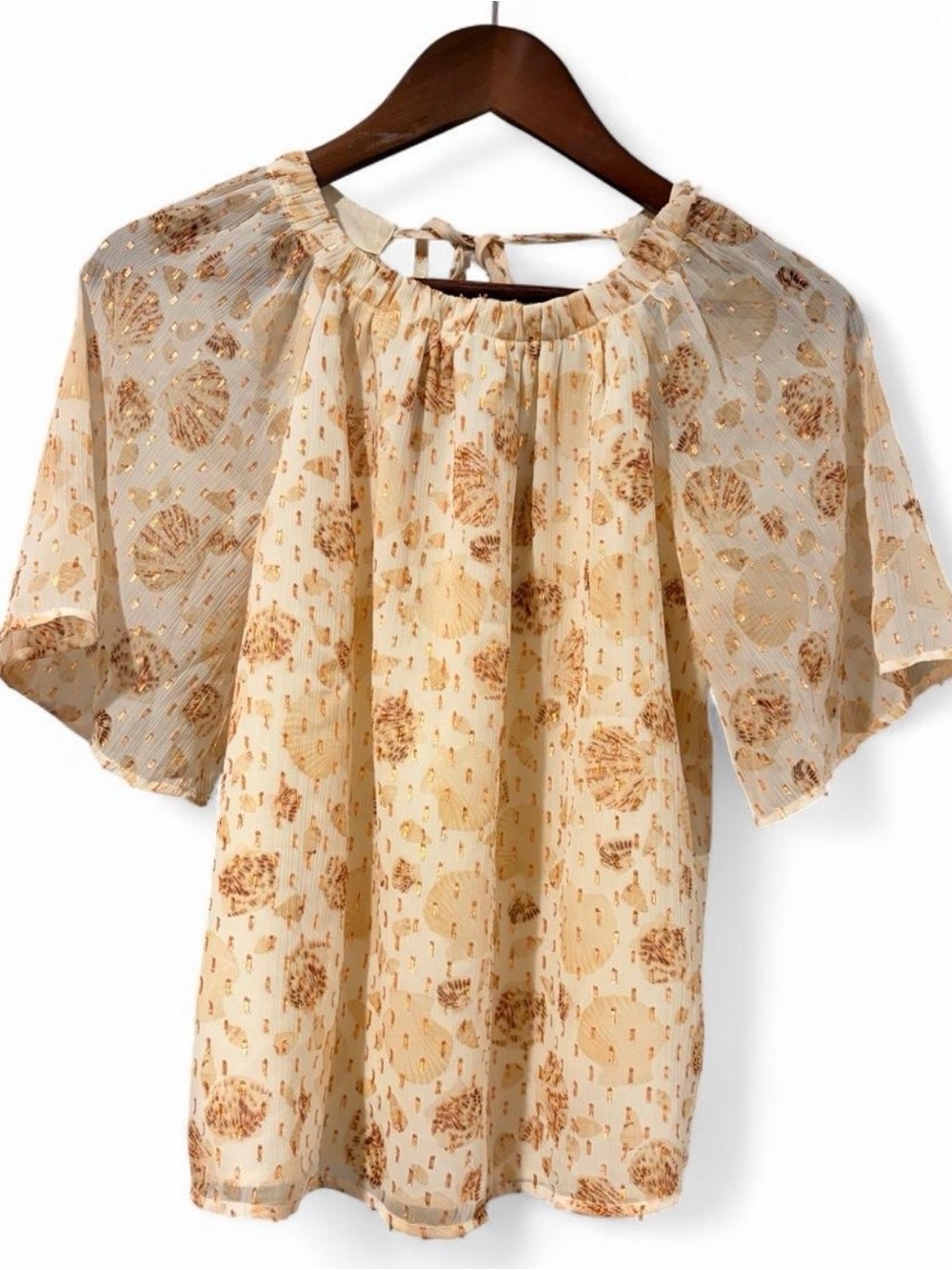 LOFT Seashell Print Flutter-Sleeve Sheer Blouse | Beige & Gold | Size XS